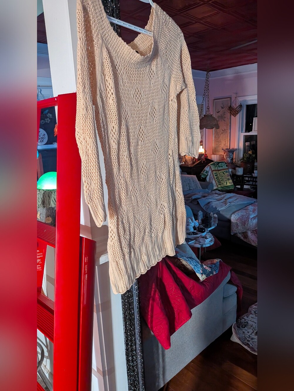 Off-the-Shoulder Cream Open-Knit Women's Sweater